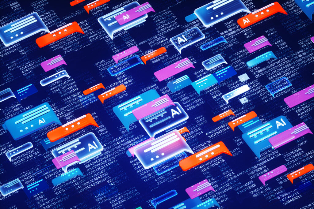 Digital generated image of abstract AI chat icons over digital surface.