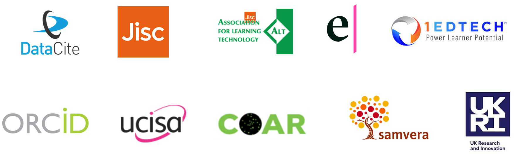 Logos for organisations we work with in the sector including: UCISA Jisc Emerge ALT 1EdTech ORCID UKRI DataCite Samvera Foundation Confederation of Open Access repositories