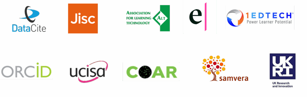 Logos of partner organisations we work with including: Jisc, ALT, Data Cite, 1edtech, Orcid, UCISA, COAR, Samvera, UKRI