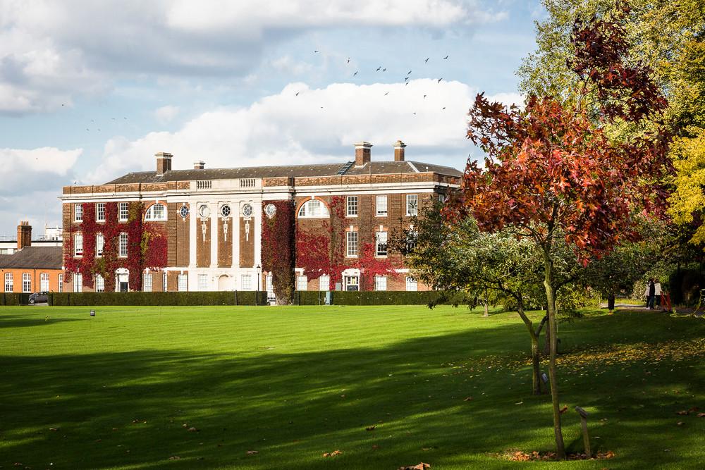 A view across the Goldsmiths quadrangle towards the Richard Hoggart building in autumn.